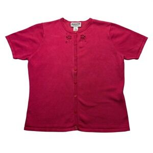 Pendleton Womens Petite L Pink Silk Blend Cardigan Beaded Floral Short Sleeve